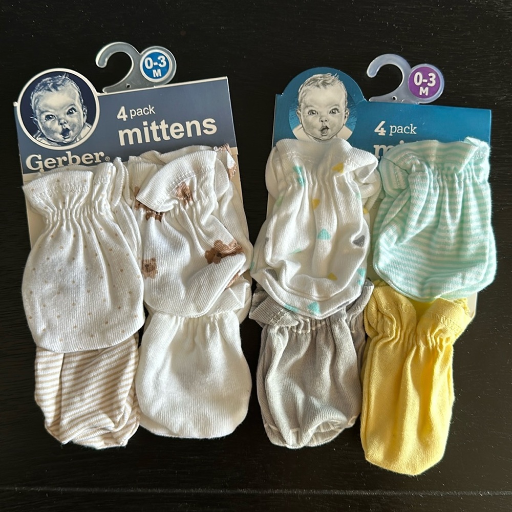 Gerber baby mittens two 4 packs (0-3)